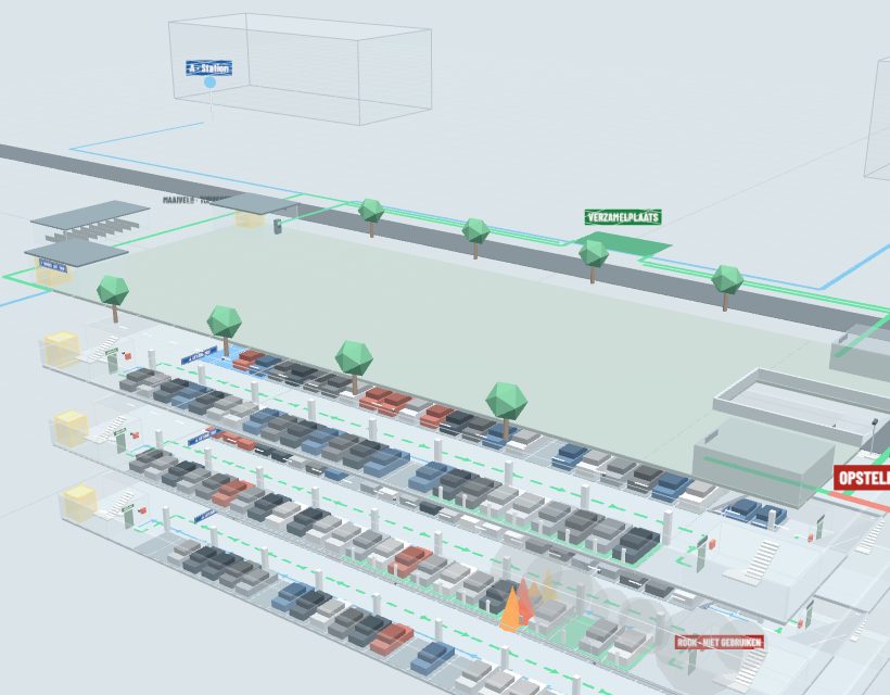 3D-model van een fictieve parkeergarage met lagen, auto’s en meldingen