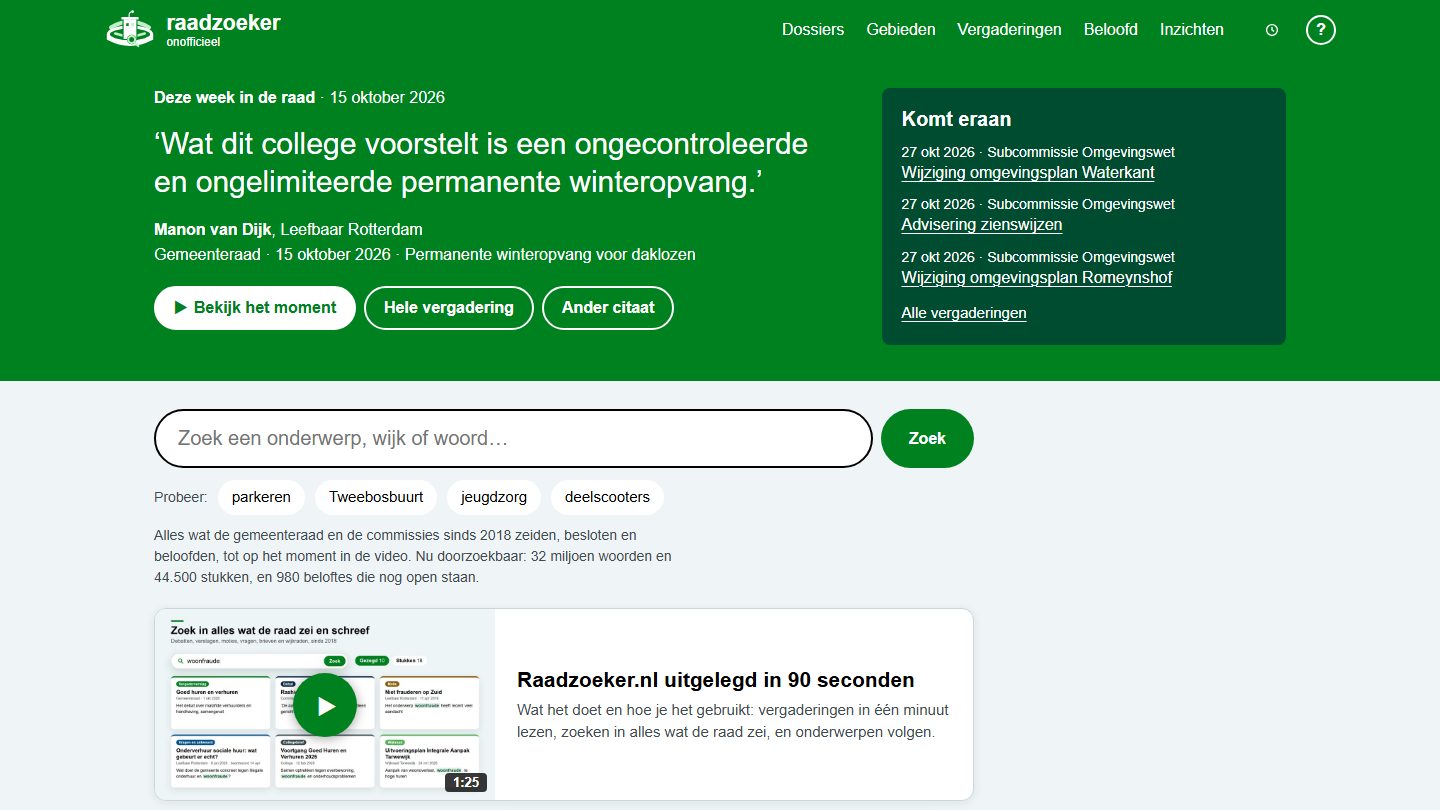 Startpagina van Raadzoeker met een citaat uit de laatste raadsvergadering en zoekbalk